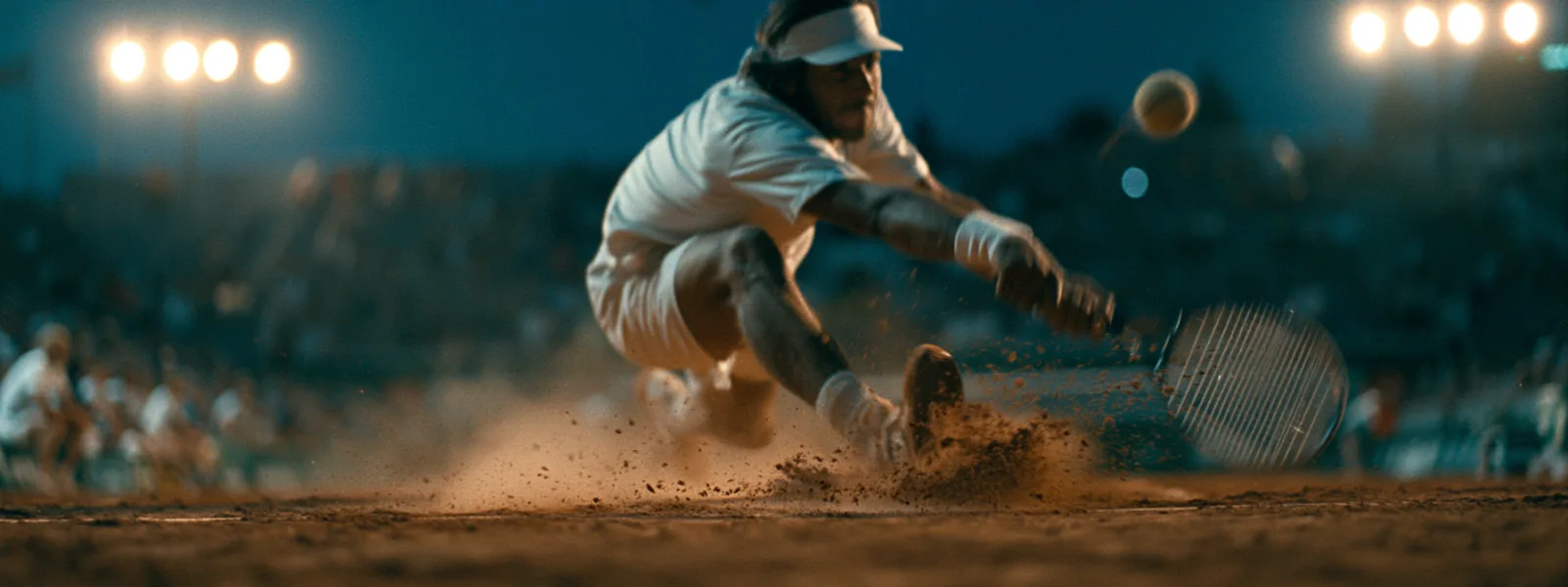 Joueur de tennis en extension sur terre battue lors d'un match en nocturne